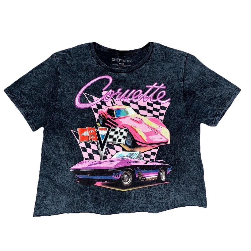 Chemistry T Shirt Women's M Gray Acid Wash Corvette Cropped Rolled Hem